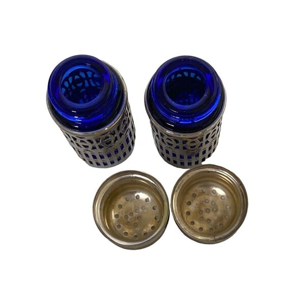 Vintage Salt and Pepper Shakers Blue Glass with Silvertone Overlay 2.75" high - Picture 8 of 8
